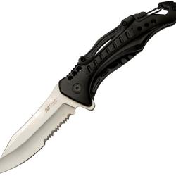 Couteau Pliant MTech A/O Lame Acier 3Cr13 Satin&eacute;e Semi-Dentel&eacute;e Manche Aluminium Noir MTA705G2HS