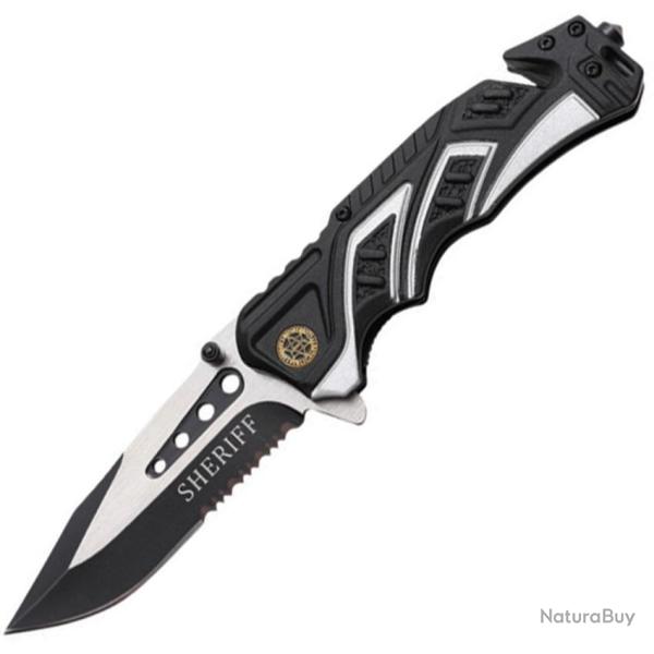 Couteau Pliant MTech Rescue A/O Lame Acier 440 Manche Aluminium Noir et Gris Linerlock MTA865SH