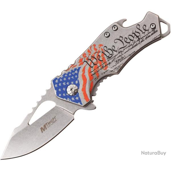 Couteau Pliant MTech We The People A/O Lame Acier 3Cr13 Drop Point Manche Inox Framelock MTA882SAF