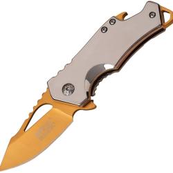 Couteau Pliant MTech A/O Lame Inox 7 cm Dor&eacute; Ferm&eacute; 9,5 cm Manche Inox Framelock MTA882SGD