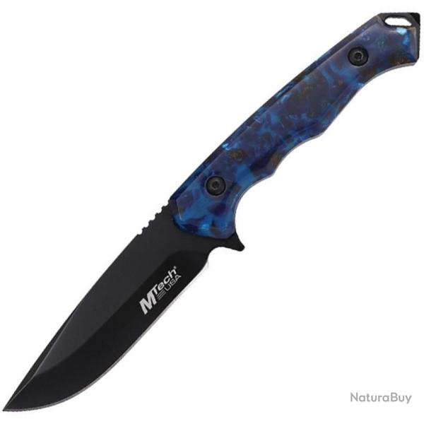 Couteau Fixe MTech Lame Acier 3Cr13MoV Drop Point Manche Acrylique Noir et Bleu �tui ABS MTFIX006BG