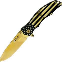 Couteau Pliant MTech Xtreme American Flag A/O Lame Acier 3Cr13 Manche Inox Noir et Dor&eacute; MTXA849GD