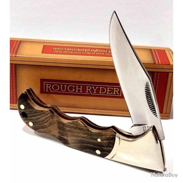 Couteau Rough Rider Finger Grooved Lockback Lame Acier 440 Manche Bois RR518