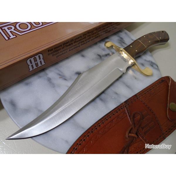 Couteau de Trappeur Bowie Alamo David Crocket Lame Acier Carbone Manche Bois Etui Cuir RR2007