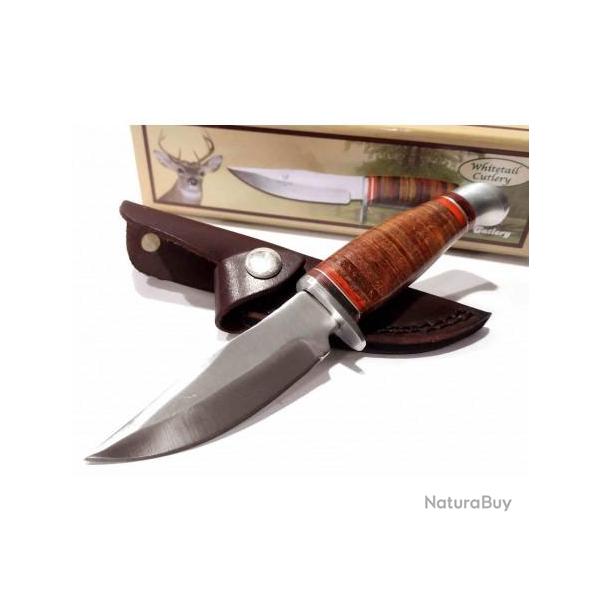 Couteau Frost Cutlery Skinner Lame Clip Point Acier Inox Manche Cuir Etui Cuir FWT1028