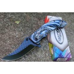 Lot de 3 Couteau Semi AUto Dragon Bleu Lame Recurve Inox Manche ABS Noir Linerlock Clip CN300551BL