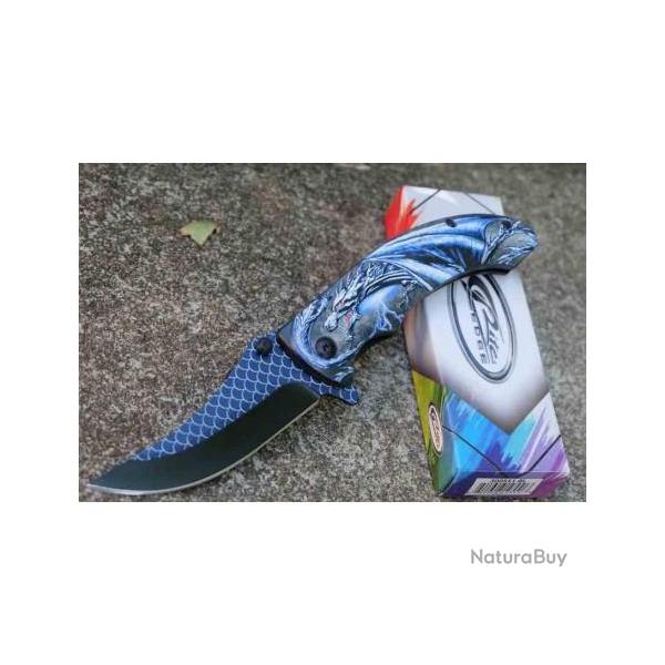 Lot de 3 Couteau Semi AUto Dragon Bleu Lame Recurve Inox Manche ABS Noir Linerlock Clip CN300551BL
