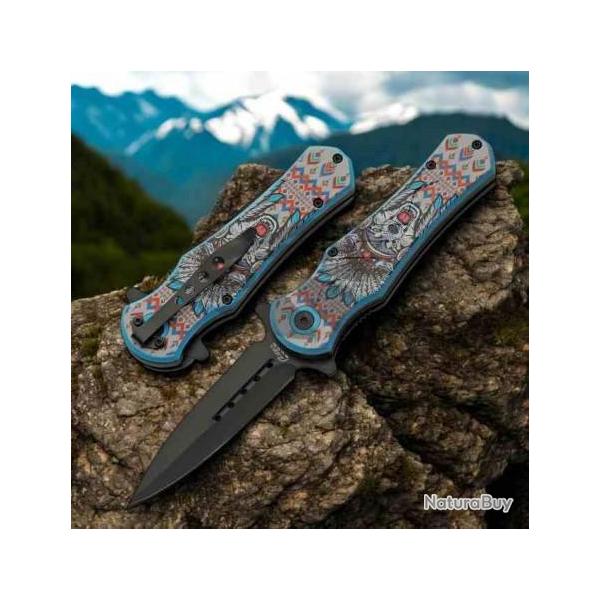 LOT DE 3 Couteau Rite Edge Blue Wolf Native American A/O Lame Acier 3Cr13 Clip Linerlock CN300603WF