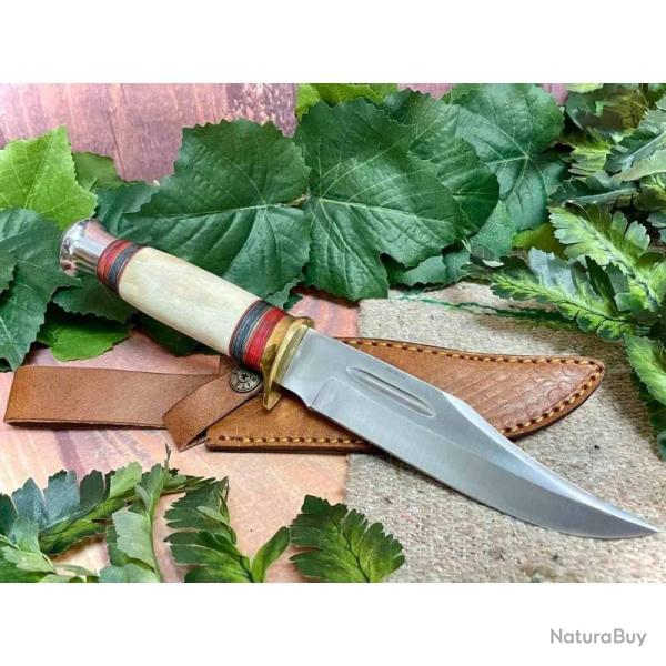 Couteau de Chasse Rite Edge Silver Stream Lame Acier Carbone 1055 Manche Os Etui Cuir PA203450RD