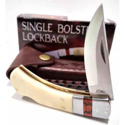 Couteau Rite Edge Single Bolster Lame Acier Inoxydable Manche Os Naturel Lockback Etui Cuir PA8001