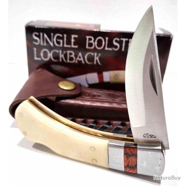 Couteau Rite Edge Single Bolster Lame Acier Inoxydable Manche Os Naturel Lockback Etui Cuir PA8001