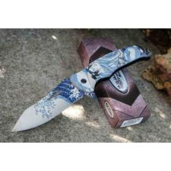 Lot de 3 Couteau Tatouage Yakuza A/O Lame D&eacute;cor Vague Acier Inox Manche ABS Linerlock CN300576BL