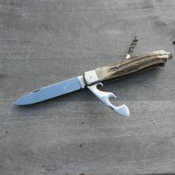 Couteau de chasse Bargeon inox. NEUF. 3 pi&egrave;ces. Manche BOIS DE CERF. Pompe centrale.