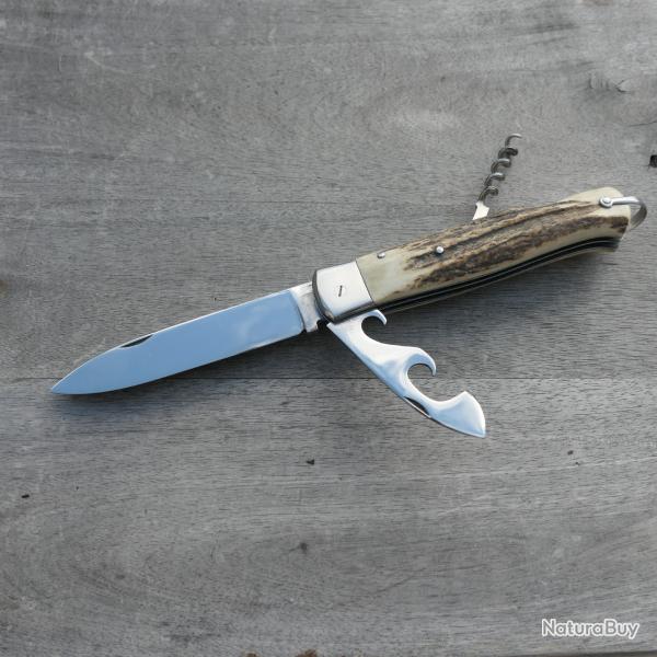 Couteau de chasse Bargeon inox. NEUF. 3 pi�ces. Manche BOIS DE CERF. Pompe centrale.