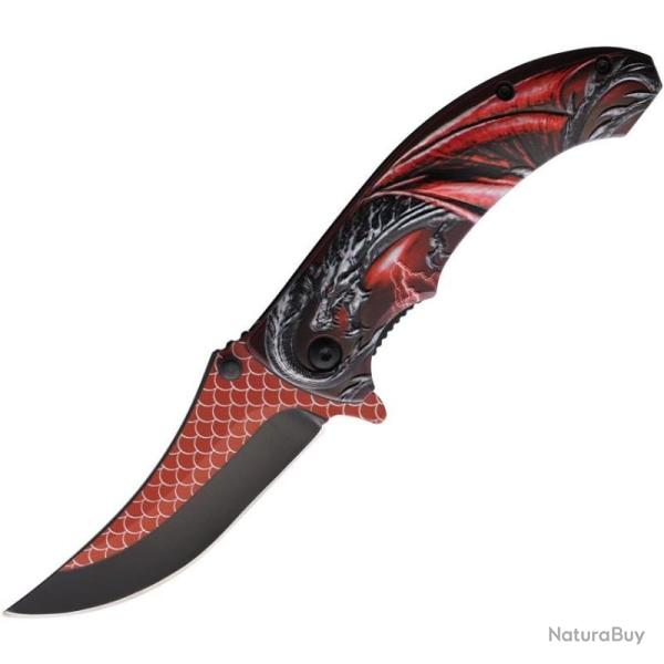 Couteau Pliant ElitEdge A/O Lame Courbe Noire Manche ABS Dragon Rouge EE10A56RD