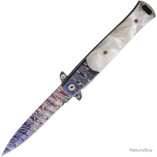 Couteau Pliant ElitEdge A/O Lame Effet Damas Manche Acrylique Blanc EE10428CDMWP