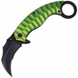 Couteau Pliant ElitEdge Karambit Lame Inox Stonewash Partial Serrated Aluminium Vert A/O EE10A130GN
