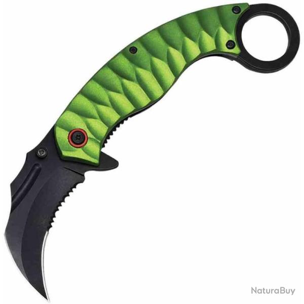 Couteau Pliant ElitEdge Karambit Lame Inox Stonewash Partial Serrated Aluminium Vert A/O EE10A130GN