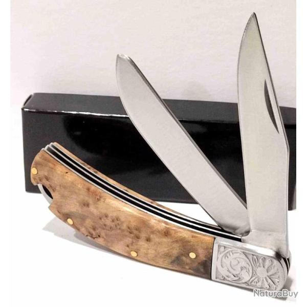 Couteau S-TEC Slip Joint 2 Lames Clip & Spey Acier Inox Satin Manche Bois Bruy�re Mitres STT200301