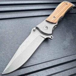 Couteau ElitEdge O/A Lame Acier 440C Motif Damas Manche Bois Liner Lock EE10A67WD