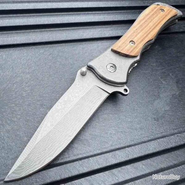 Couteau ElitEdge O/A Lame Acier 440C Motif Damas Manche Bois Liner Lock EE10A67WD