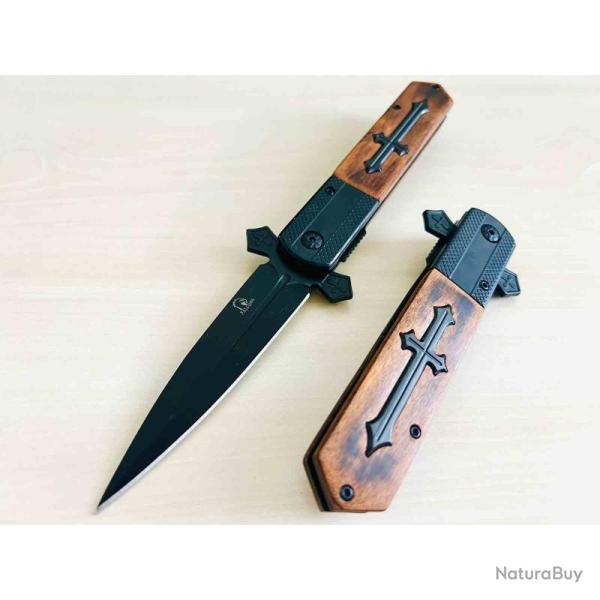 Couteau Semi-Automatique ElitEdge Tactical Celtic Cross Stiletto Lame Acier 440C EE10A137WB