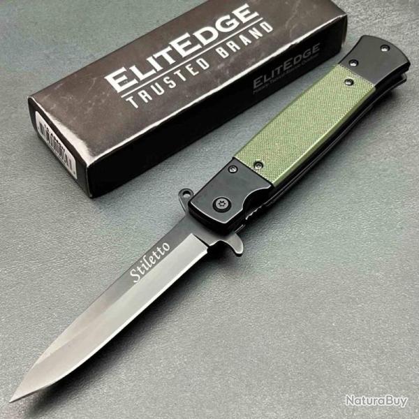 Lot de 3 Couteau ElitEdge Stiletto A/O Lame Acier 420C Black Manche Green G10 Linerlock EE10A96GN