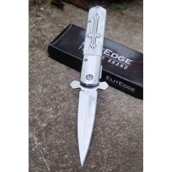 Couteau ElitEdge Gothique Croix Celtique Lame Acier 440C Manche Marbre Blanc Linerlock EE10A137WP