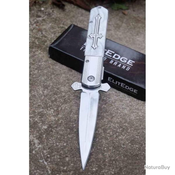 Couteau ElitEdge Gothique Croix Celtique Lame Acier 440C Manche Marbre Blanc Linerlock EE10A137WP