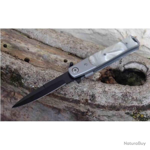 Lot de 3 Couteau S-TEC Stiletto Lame Inox Spear Point Manche Acrylique Blanc Linerlock STT27108SL1