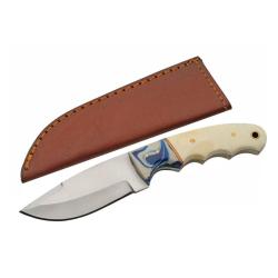 Couteau Fixe SZCO 203461 Lame Acier Inox Manche Os/R&eacute;sine Blanc-Bleu &Eacute;tui Cuir PA203461