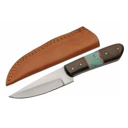 Couteau Fixe SZCO 203459 Lame Acier Inox Manche Bois Brun-Turquoise &Eacute;tui Cuir PA203459