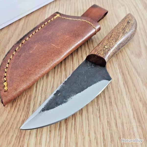 Couteau Bark Skinner Lame Acier Carbone 1045 Manche Bois Etui Cuir PA4453