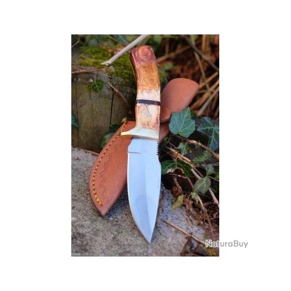 Couteau Skinner Rando Lame Drop Point Acier Inox Manche Os Etui Cuir PA3395
