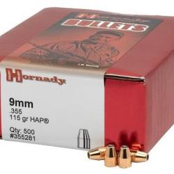 BOITE DE 500 OGIVES HORNADY 9MM .355 115 GR HAP 355281*