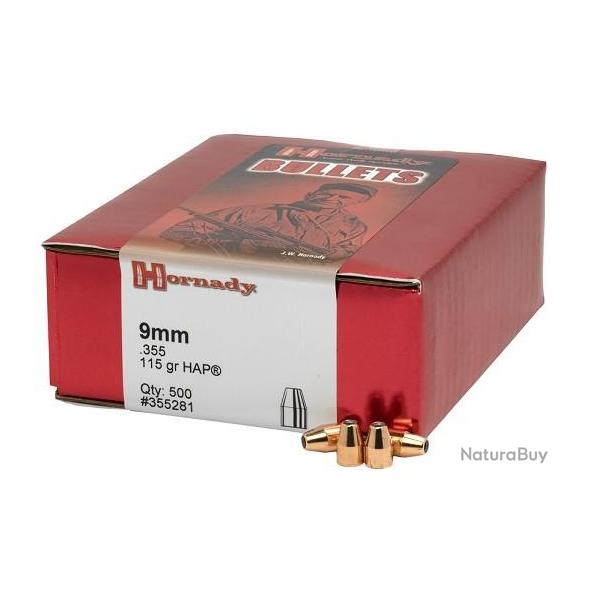 BOITE DE 500 OGIVES HORNADY 9MM .355 115 GR HAP 355281*