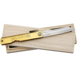 Couteau Higonokami Bambou Damas Lame Damas Manche Laiton Dor&eacute; Friction Made In Japan HIGO16