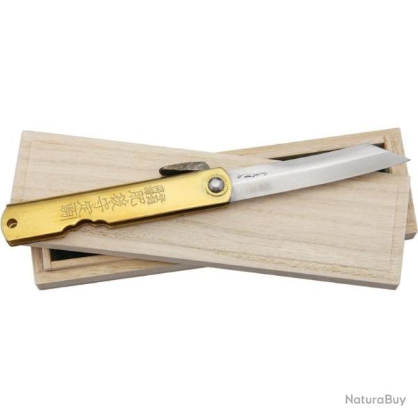 Couteau Higonokami Bambou Damas Lame Damas Manche Laiton Dor� Friction Made In Japan HIGO16