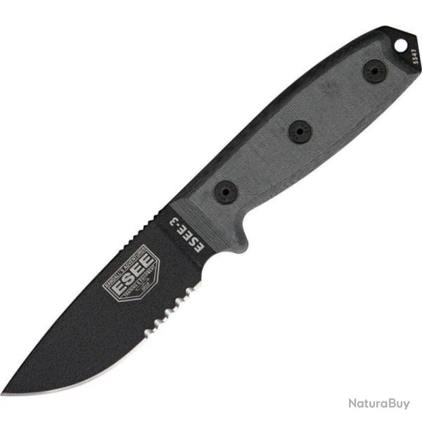 Couteau Fixe ESEE 3 SM Lame Acier 1095 Manche Micarta Noir �tui Synth�tique Made In USA RC3SMB