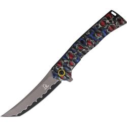 Couteau de Poche Falcon Linerlock A/O Lame Tanto Motif Damas Manche Aluminium Bleu FLNKS24201