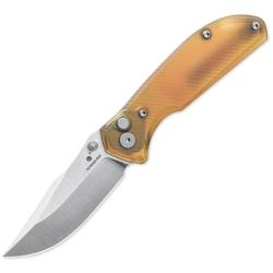 Couteau Petrified Fish Guppy Button Lock Lame Acier N690 Drop Point Manche Ultem Ambre PFK19US