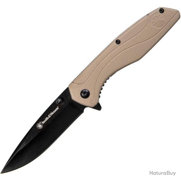 Couteau Pliant Smith & Wesson 1084312 Drop Point Acier Inox Manche Nylon Tan Liner Lock SW1084312
