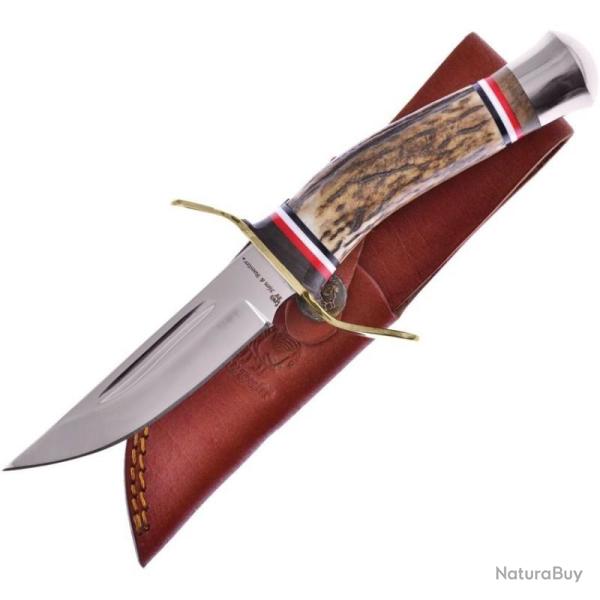 Couteau Hen & Rooster Lame Inox Satin 8,89 cm Manche Bois de Cerf Garde Laiton �tui Cuir HRI551DS