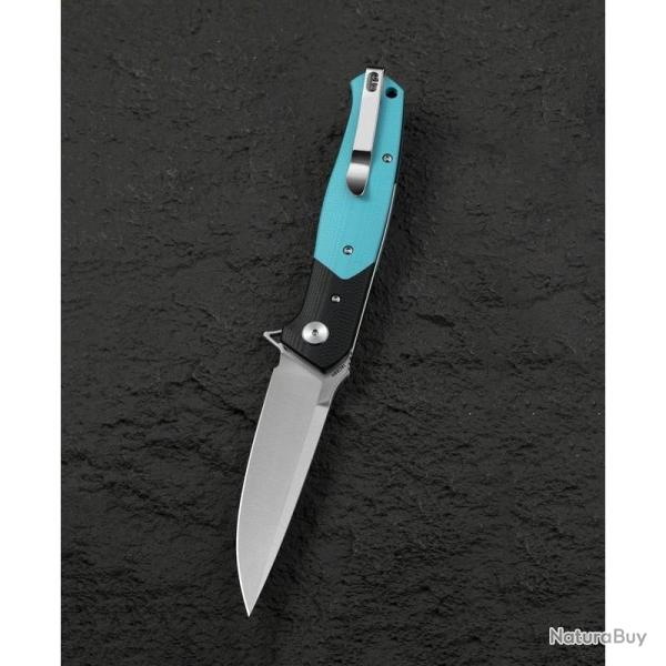 Couteau Bestech Swordfish Lame Acier 14C28N Manche G10 Noir Bleu Clair Button Lock BTKG62F