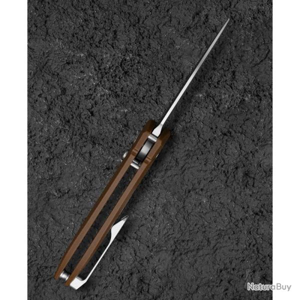 Couteau Bestech Ququ Lame Acier 14C28N Manche G10 Brun Button Lock BTKG57A3