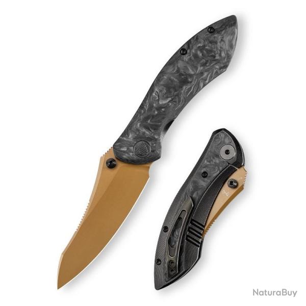 Couteau Pliant Trivisa Rhino Lame M390 Rose Gold PVD Manche Titane Carbon Fiber Framelock TVJM08RGM