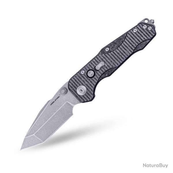 Couteau Real Steel Evolution Button Lock Lame S35VN Tanto Stonewash Manche Carbone Titane RS9914