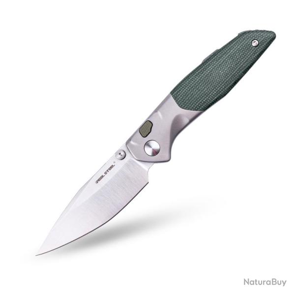 Couteau Pliant Real Steel Hoeft Button Lock Lame S35VN Manche Titane Micarta Vert RS7901GM