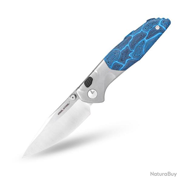 Couteau Pliant Real Steel Hoeft Button Lock Lame S35VN Satin Manche Titane Bleu Damas G10 RS7901DB