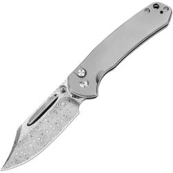 Couteau Pliant CJRB Bowie Pyrite Lame Acier Damas Manche Acier Button Lock J1942TDM